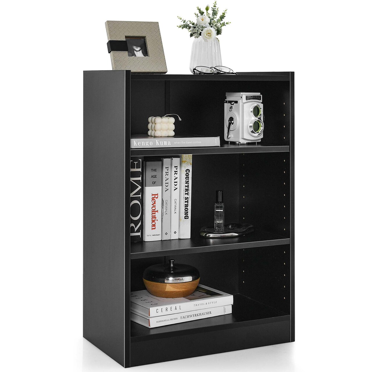 Costway 3-Tier Bookcase Open Multipurpose Display Rack Cabinet with Adjustable Shelves Black/Brown